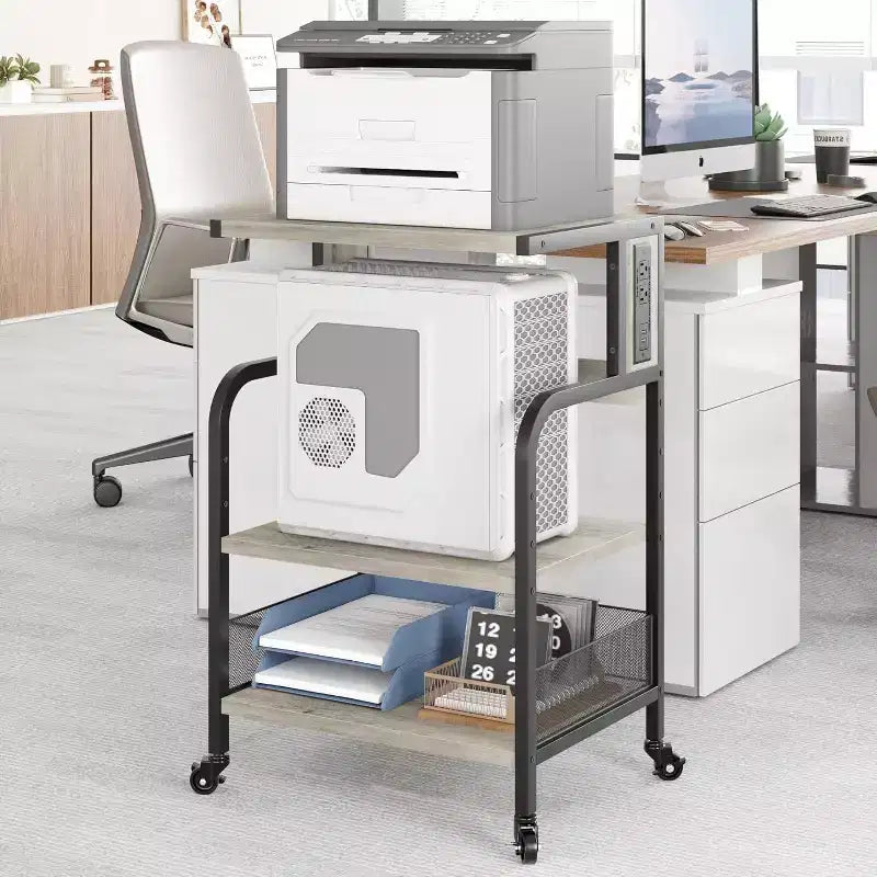 Supporto Grande per Stampante Mobile con Prese di Corrente e Porte USB – Carrello a 3 Ripiani con Ruote