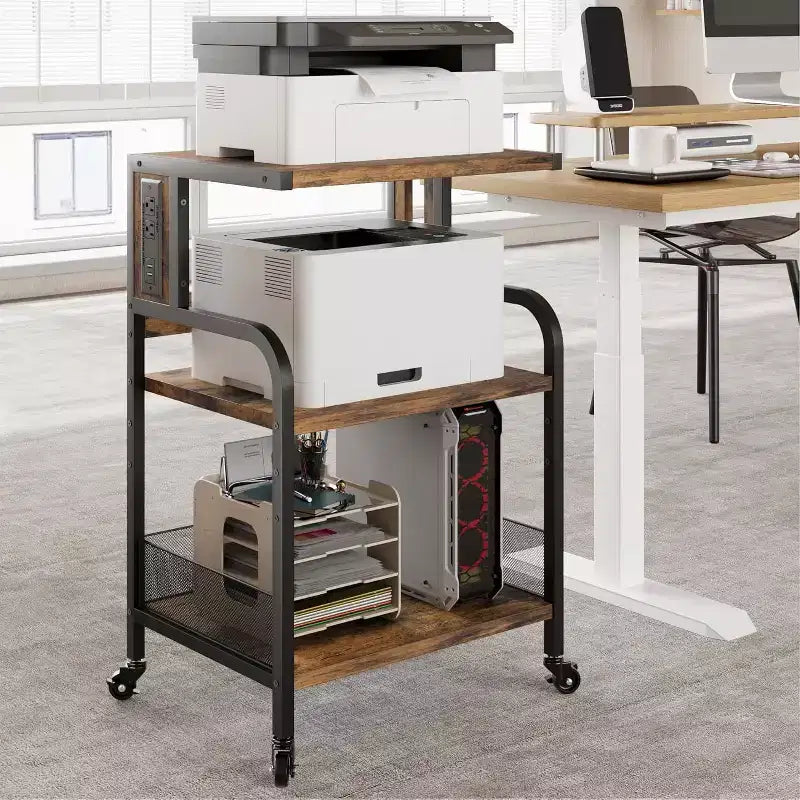 Supporto Grande per Stampante Mobile con Prese di Corrente e Porte USB – Carrello a 3 Ripiani con Ruote
