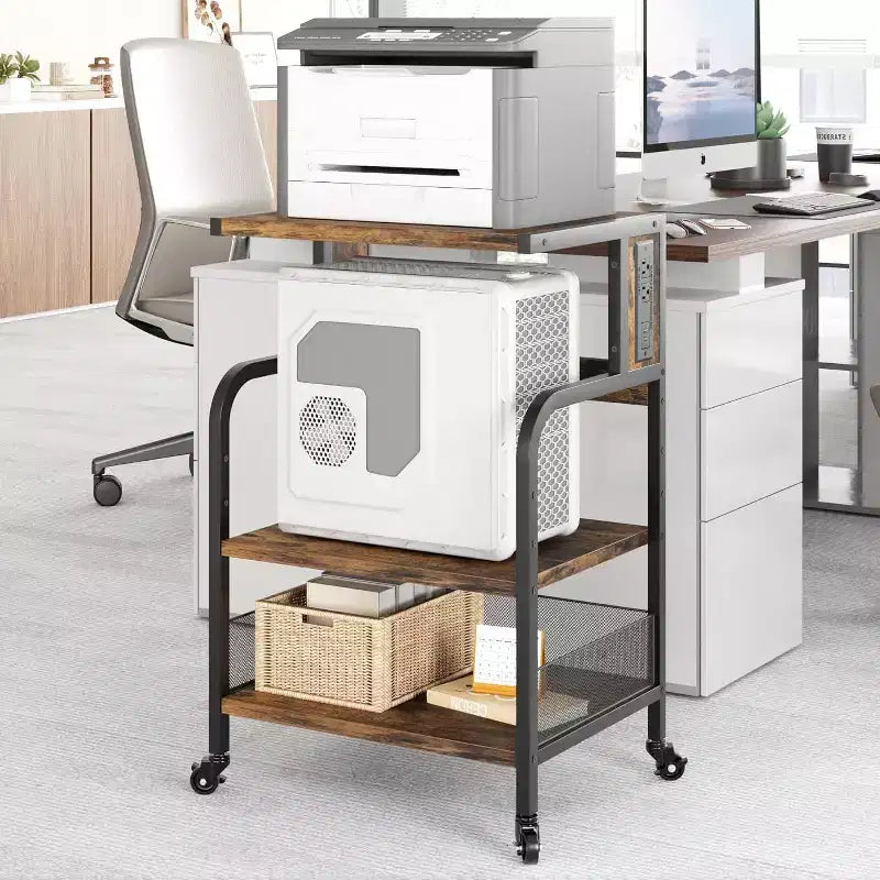 Supporto Grande per Stampante Mobile con Prese di Corrente e Porte USB – Carrello a 3 Ripiani con Ruote