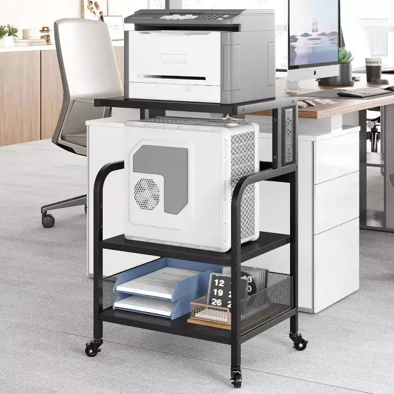Supporto Grande per Stampante Mobile con Prese di Corrente e Porte USB – Carrello a 3 Ripiani con Ruote