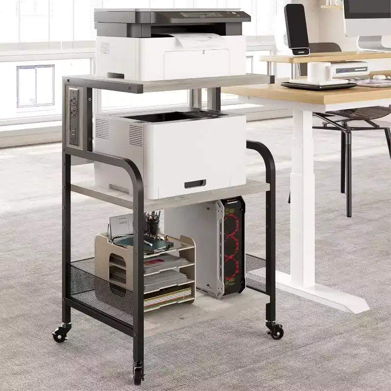 Supporto Grande per Stampante Mobile con Prese di Corrente e Porte USB – Carrello a 3 Ripiani con Ruote