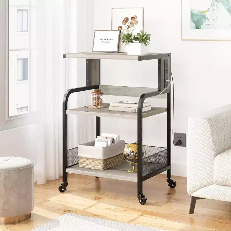 Supporto Grande per Stampante Mobile con Prese di Corrente e Porte USB – Carrello a 3 Ripiani con Ruote