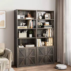 Libreria a colonna in stile rustico con ante, altezza 181 cm, profondità 30 cm, scaffale espositivo portaoggetti, libreria industriale in legno a 6 ripiani per soggiorno