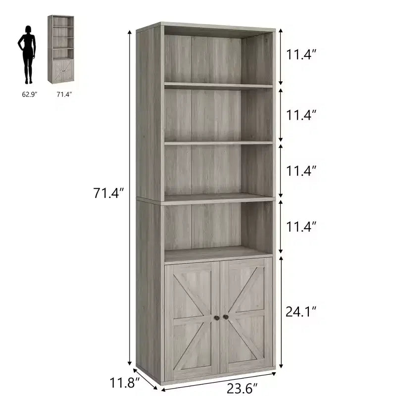 Libreria a colonna in stile rustico con ante, altezza 181 cm, profondità 30 cm, scaffale espositivo portaoggetti, libreria industriale in legno a 6 ripiani per soggiorno