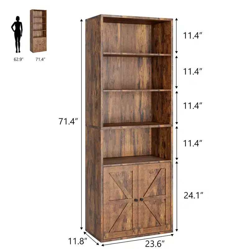 Libreria a colonna in stile rustico con ante, altezza 181 cm, profondità 30 cm, scaffale espositivo portaoggetti, libreria industriale in legno a 6 ripiani per soggiorno