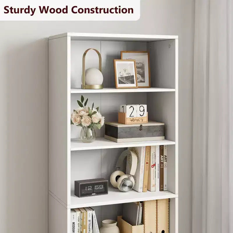 Libreria a colonna in stile rustico con ante, altezza 181 cm, profondità 30 cm, scaffale espositivo portaoggetti, libreria industriale in legno a 6 ripiani per soggiorno