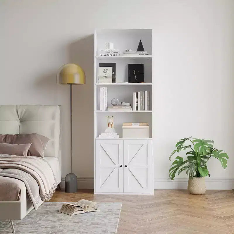 Libreria a colonna in stile rustico con ante, altezza 181 cm, profondità 30 cm, scaffale espositivo portaoggetti, libreria industriale in legno a 6 ripiani per soggiorno