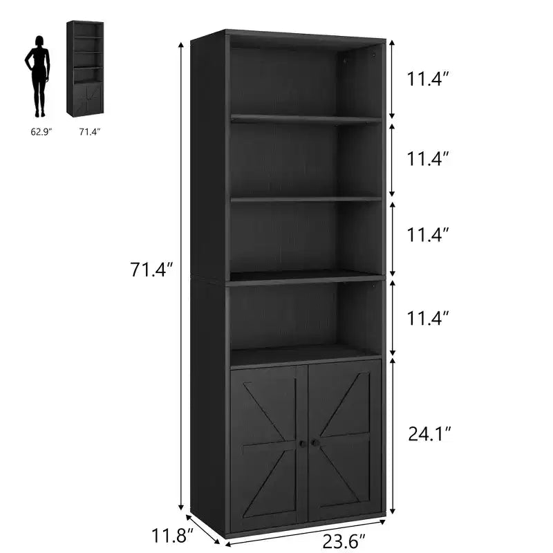 Libreria a colonna in stile rustico con ante, altezza 181 cm, profondità 30 cm, scaffale espositivo portaoggetti, libreria industriale in legno a 6 ripiani per soggiorno