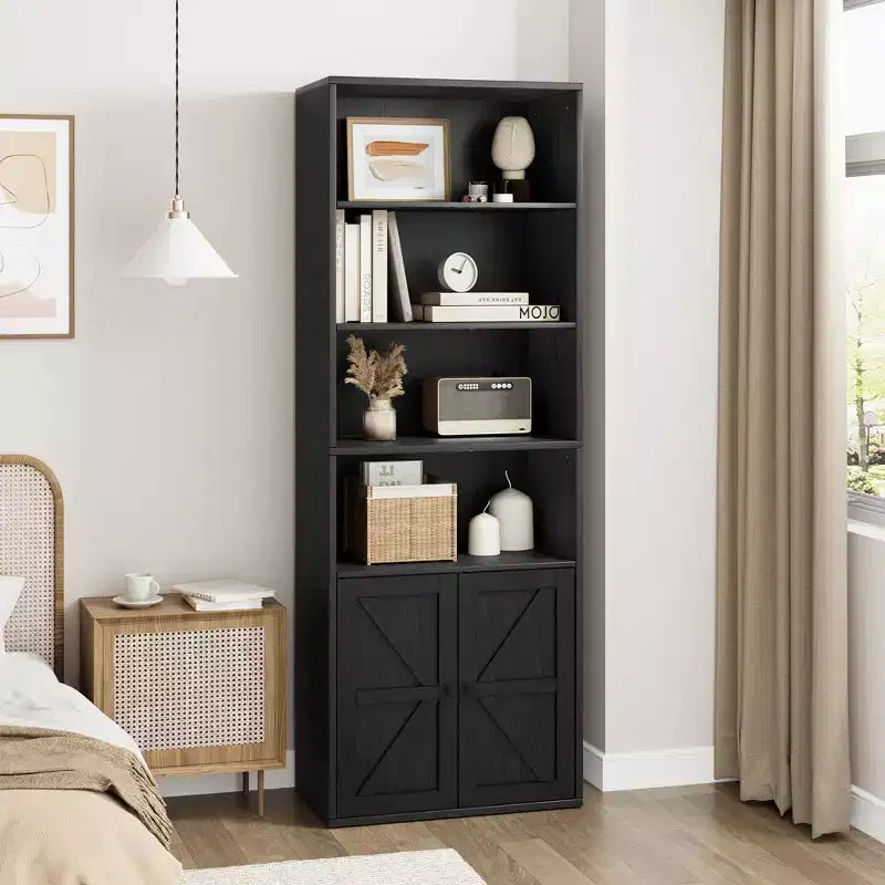 Libreria a colonna in stile rustico con ante, altezza 181 cm, profondità 30 cm, scaffale espositivo portaoggetti, libreria industriale in legno a 6 ripiani per soggiorno