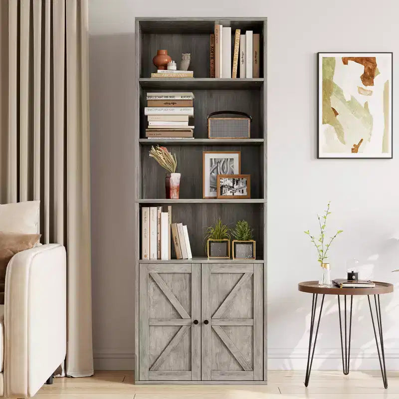 Libreria a colonna in stile rustico con ante, altezza 181 cm, profondità 30 cm, scaffale espositivo portaoggetti, libreria industriale in legno a 6 ripiani per soggiorno