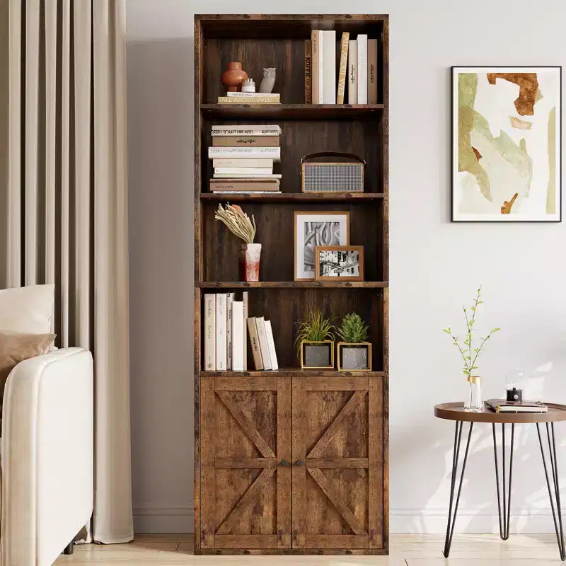 Libreria a colonna in stile rustico con ante, altezza 181 cm, profondità 30 cm, scaffale espositivo portaoggetti, libreria industriale in legno a 6 ripiani per soggiorno