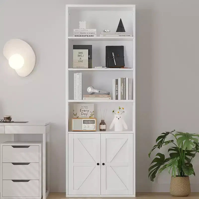 Libreria a colonna in stile rustico con ante, altezza 181 cm, profondità 30 cm, scaffale espositivo portaoggetti, libreria industriale in legno a 6 ripiani per soggiorno