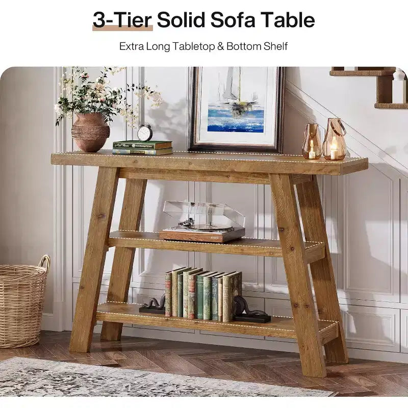 Consolle da 47" in legno massello con 3 ripiani – Tavolo d'ingresso stretto stile rustico