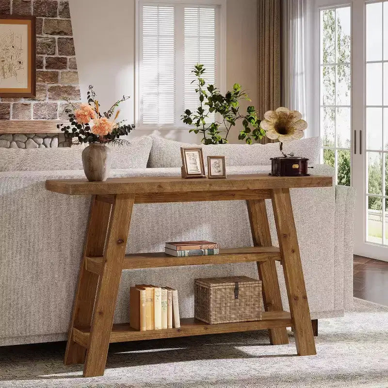 Consolle da 47" in legno massello con 3 ripiani – Tavolo d'ingresso stretto stile rustico