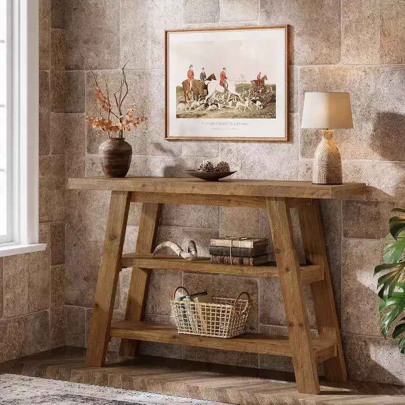 Consolle da 47" in legno massello con 3 ripiani – Tavolo d'ingresso stretto stile rustico