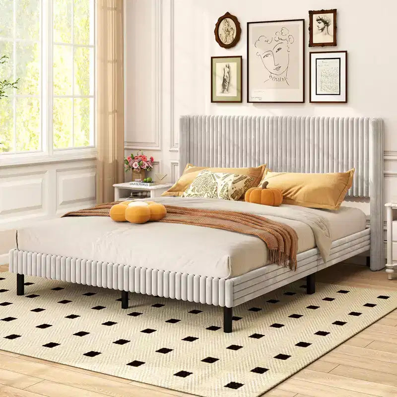 Letto Matrimoniale in Velluto con Testiera Wingback – Nessuna Rete a Molle Necessaria