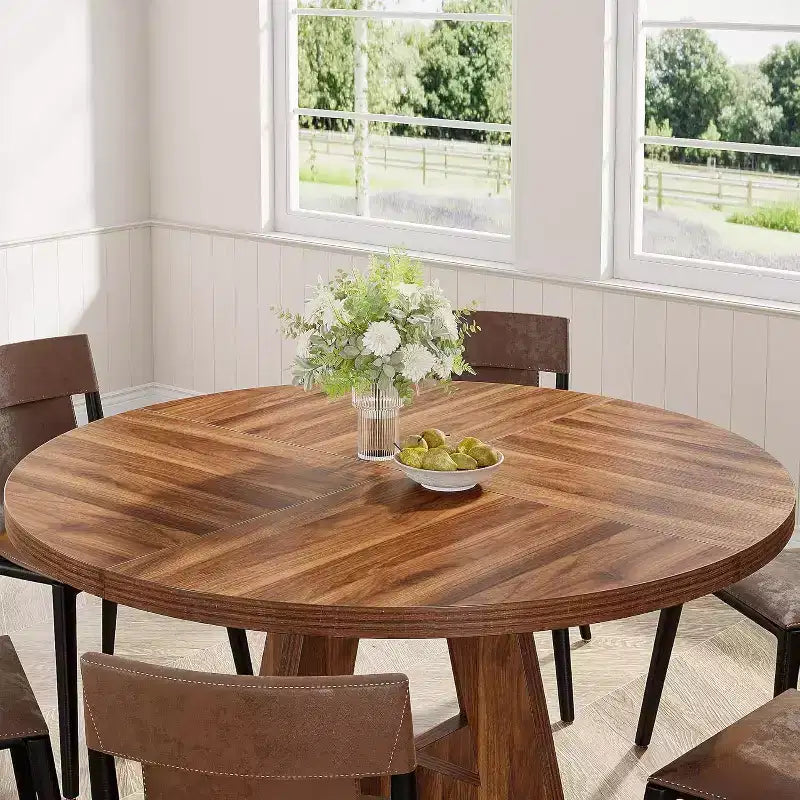 Tavolo da pranzo grande rotondo in legno stile rustico con base a croce