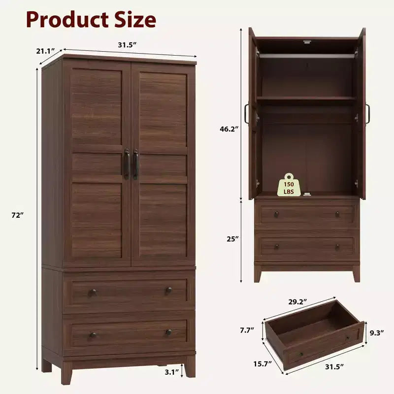Armadio guardaroba con 2 cassetti – Mobile contenitore indipendente per camera da letto