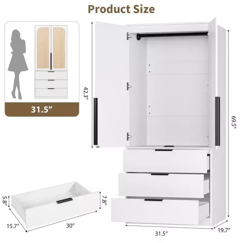 Armadio guardaroba in rattan con 3 cassetti – Contenitore bohémien per camera da letto