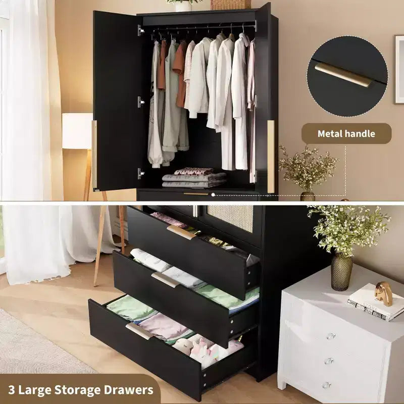 Armadio guardaroba in rattan con 3 cassetti – Contenitore bohémien per camera da letto