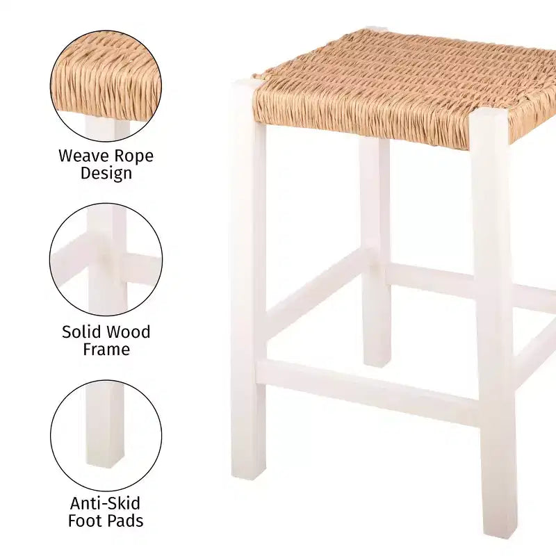 Sgabello da bar in legno da 60 cm con sedile in corda – Stile fattoria costiera