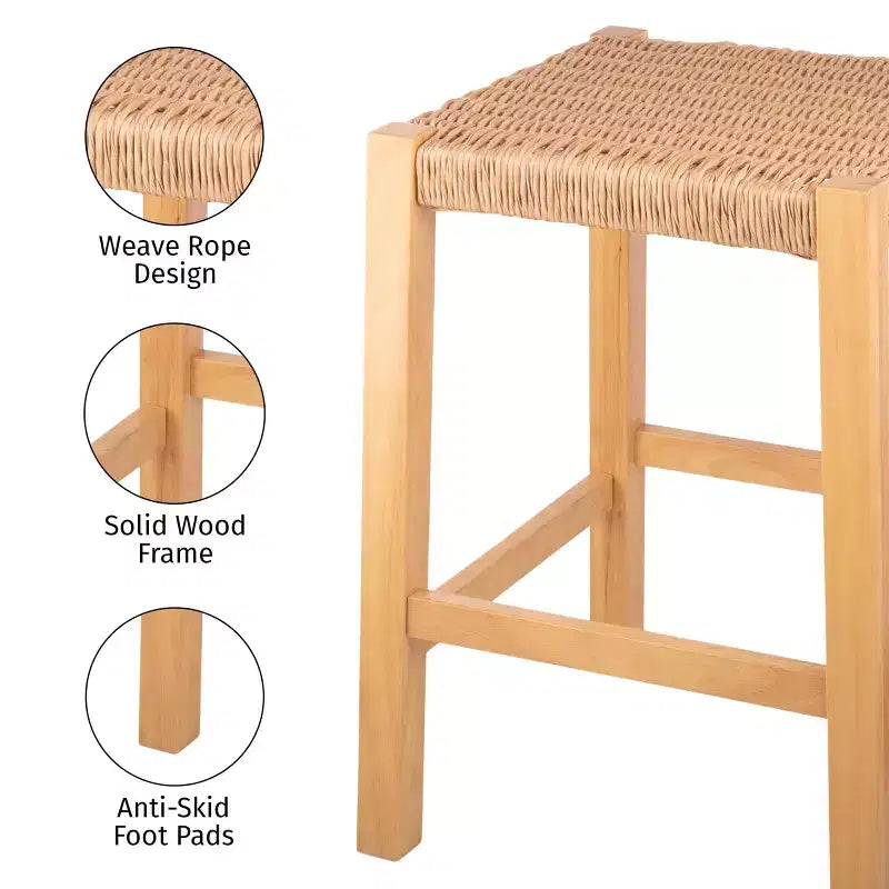 Sgabello da bar in legno da 60 cm con sedile in corda – Stile fattoria costiera