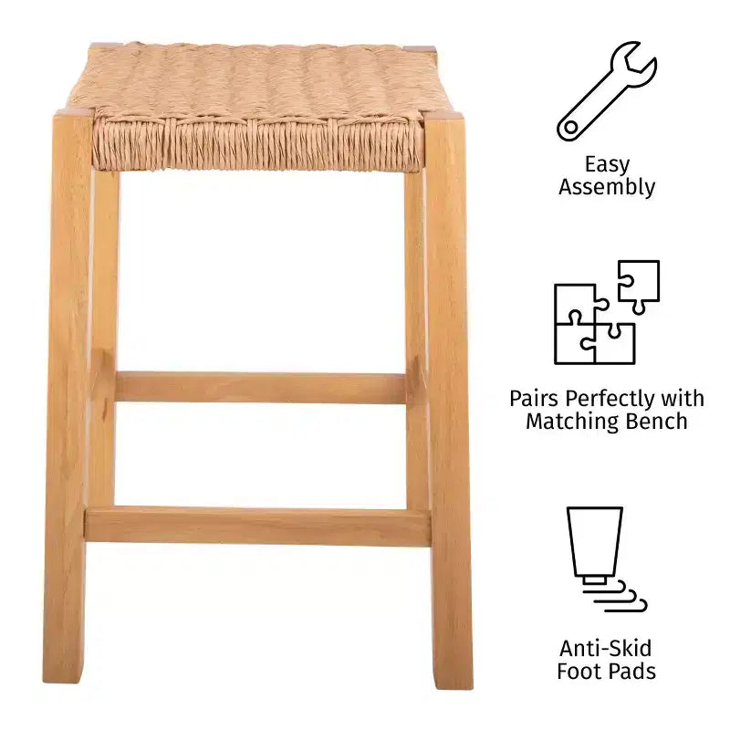 Sgabello da bar in legno da 60 cm con sedile in corda – Stile fattoria costiera