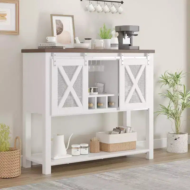 Credenza Madia Mobile Buffet con Ante Scorrevoli a Stalla, Angolo Caffè e Portabottiglie