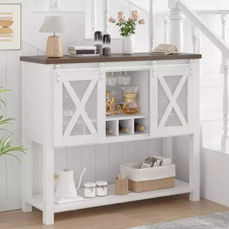 Credenza Madia Mobile Buffet con Ante Scorrevoli a Stalla, Angolo Caffè e Portabottiglie