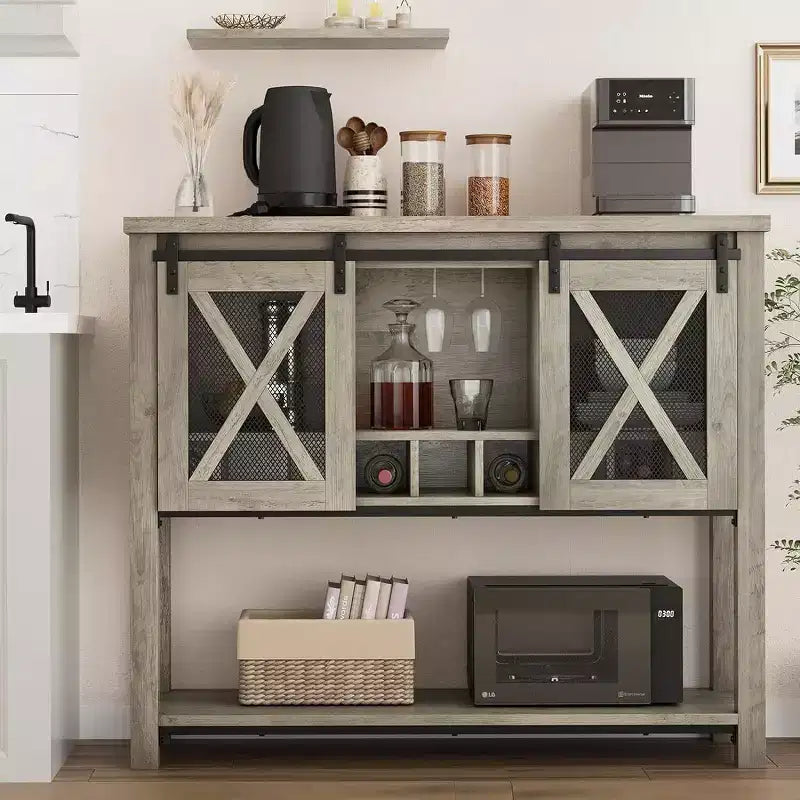 Credenza Madia Mobile Buffet con Ante Scorrevoli a Stalla, Angolo Caffè e Portabottiglie