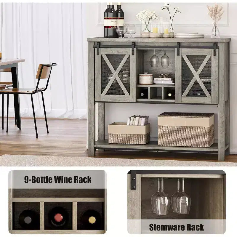 Credenza Madia Mobile Buffet con Ante Scorrevoli a Stalla, Angolo Caffè e Portabottiglie