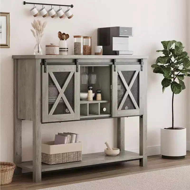 Credenza Madia Mobile Buffet con Ante Scorrevoli a Stalla, Angolo Caffè e Portabottiglie