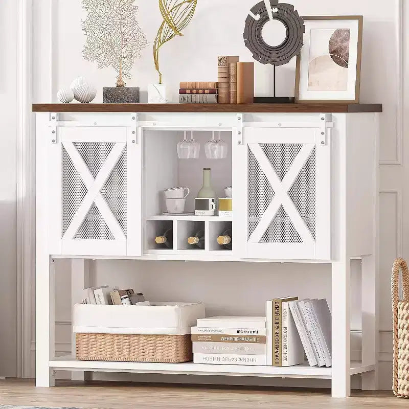 Credenza Madia Mobile Buffet con Ante Scorrevoli a Stalla, Angolo Caffè e Portabottiglie