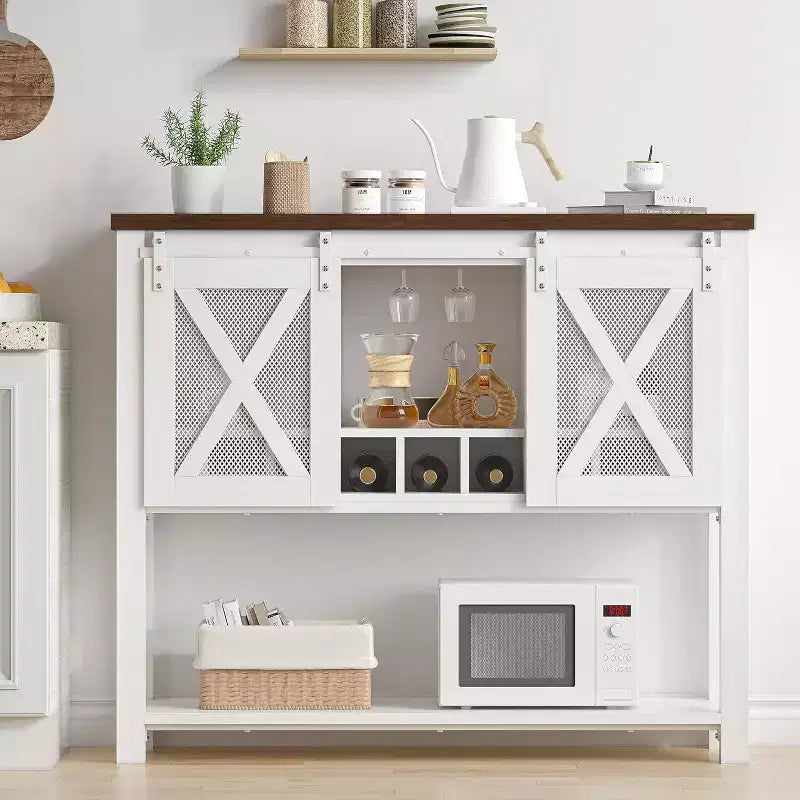 Credenza Madia Mobile Buffet con Ante Scorrevoli a Stalla, Angolo Caffè e Portabottiglie