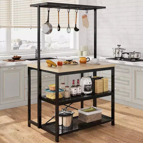 Coolmee 42/47 inch Kitchen Island with Storage & Seating - 3-Tier Bakers Rack, Microwave Stand, Dining Table for 4, 5 Hooks & 50lb Capacity