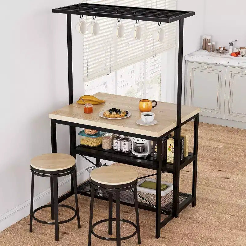Isola da Cucina 42/47" con Contenitore e Sedute – Scaffale da Panettiere a 3 Livelli, Tavolo da Pranzo per 4
