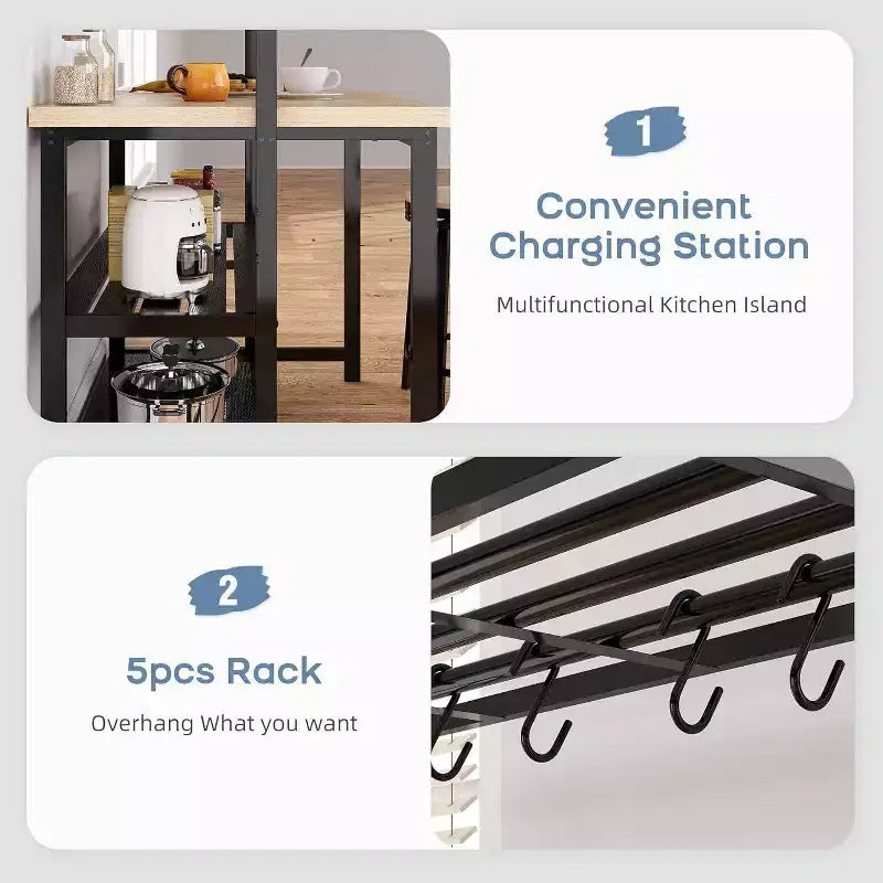 Isola da Cucina 42/47" con Contenitore e Sedute – Scaffale da Panettiere a 3 Livelli, Tavolo da Pranzo per 4