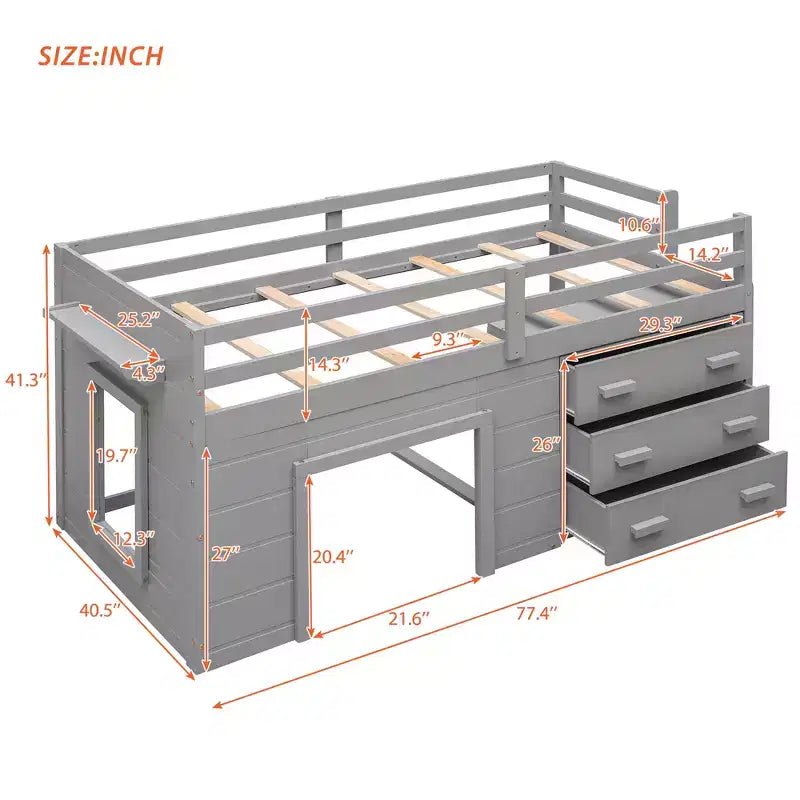 Letto a soppalco basso con contenitore per bambini, letto a soppalco singolo in legno con armadio e mensola per bambine e bambini