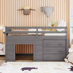 Letto a soppalco basso con contenitore per bambini, letto a soppalco singolo in legno con armadio e mensola per bambine e bambini