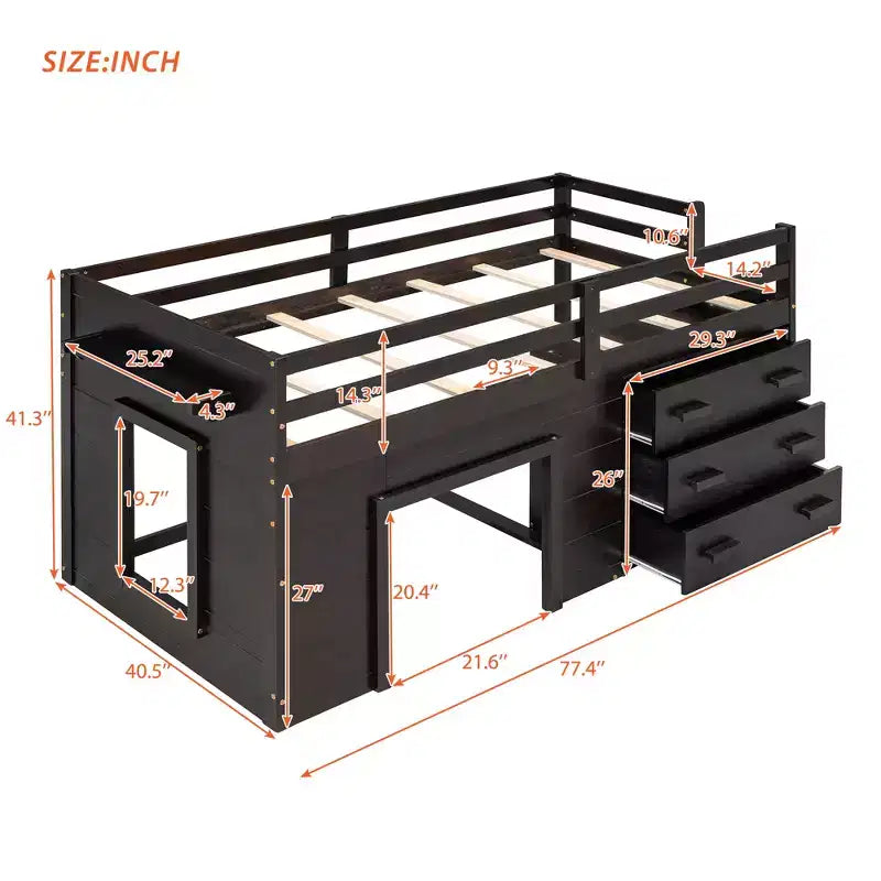 Letto a soppalco basso con contenitore per bambini, letto a soppalco singolo in legno con armadio e mensola per bambine e bambini