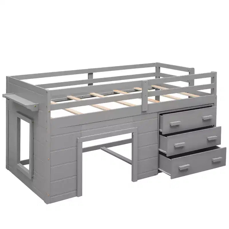 Letto a soppalco basso con contenitore per bambini, letto a soppalco singolo in legno con armadio e mensola per bambine e bambini