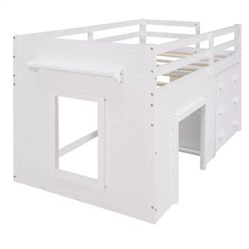 Letto a soppalco basso con contenitore per bambini, letto a soppalco singolo in legno con armadio e mensola per bambine e bambini