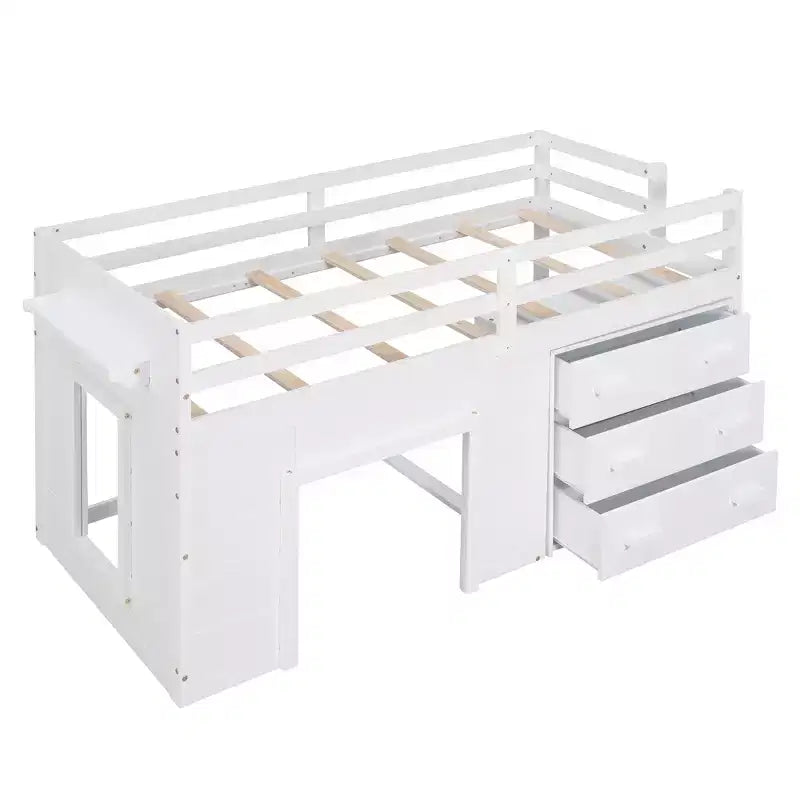 Letto a soppalco basso con contenitore per bambini, letto a soppalco singolo in legno con armadio e mensola per bambine e bambini