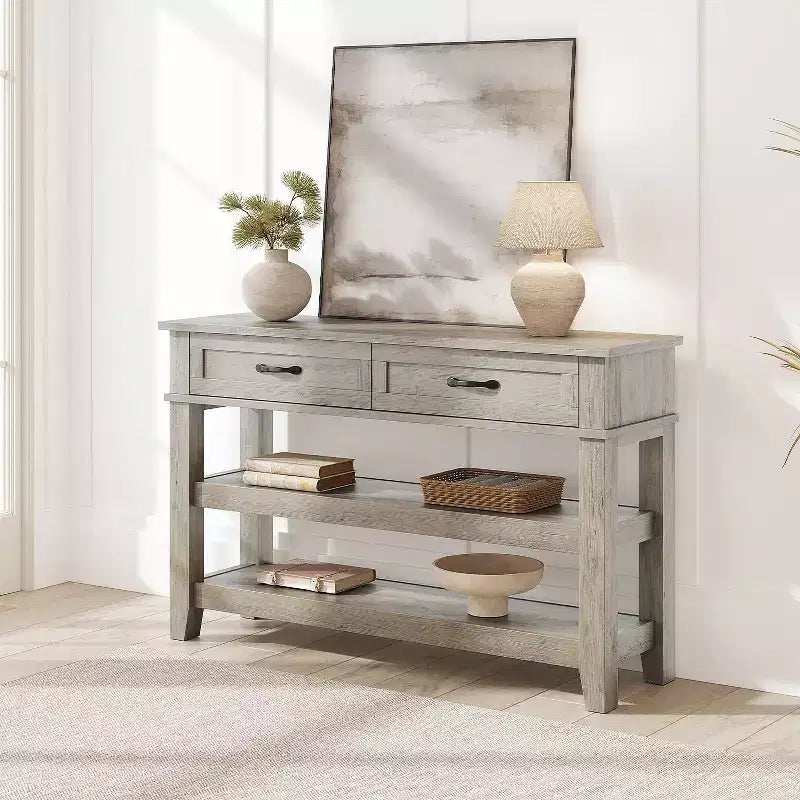 Consolle da Ingresso Stile Rustico con 2 Cassetti e Scaffale a 3 Ripiani