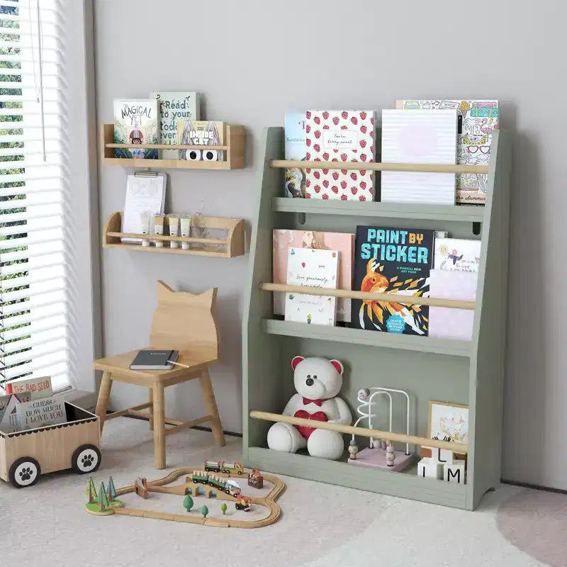 Scaffale per Libri per Bambini a 3 Livelli, Porta Libri per Bambini, Aiuta a Mantenere Organizzate Camere da Letto, Sale Giochi e Aule, Salvia