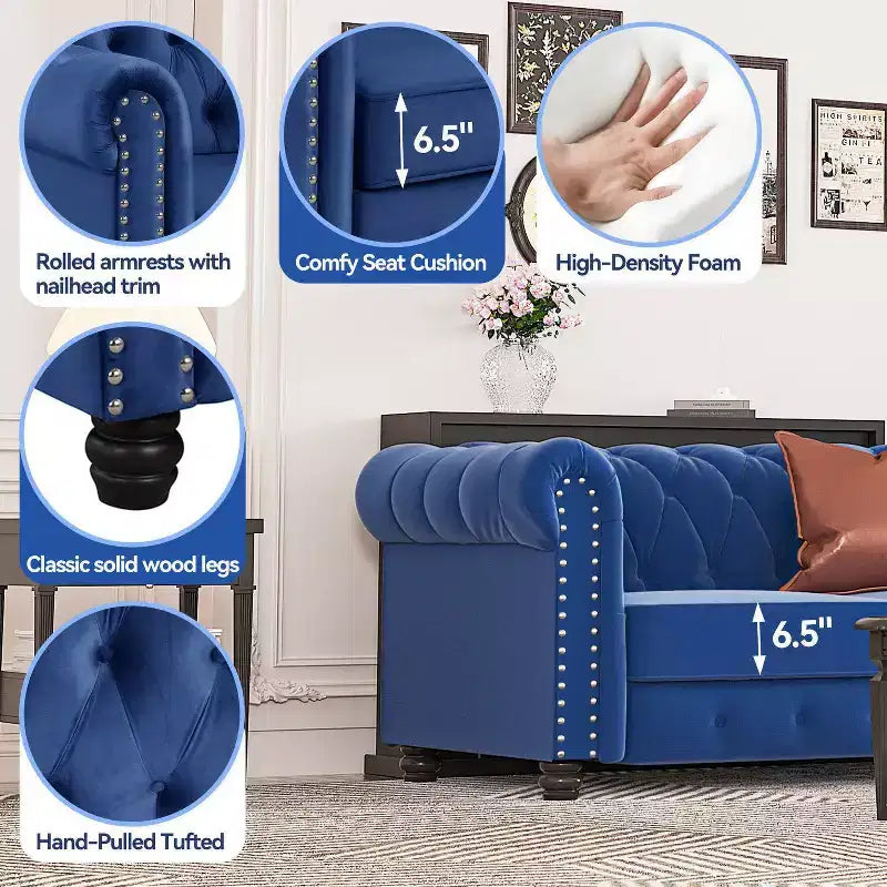 Poltrona Chesterfield in velluto con braccioli e cuscino profondo – Blu