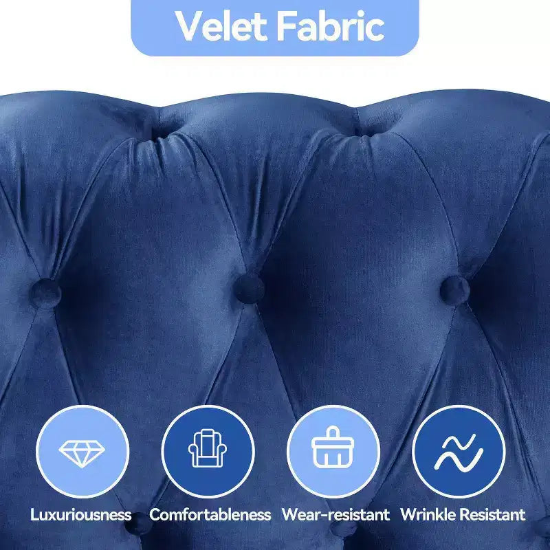 Poltrona Chesterfield in velluto con braccioli e cuscino profondo – Blu