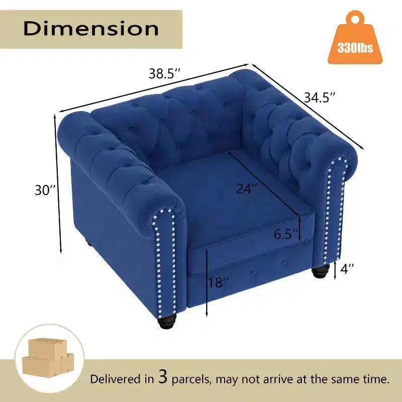 Poltrona Chesterfield in velluto con braccioli e cuscino profondo – Blu