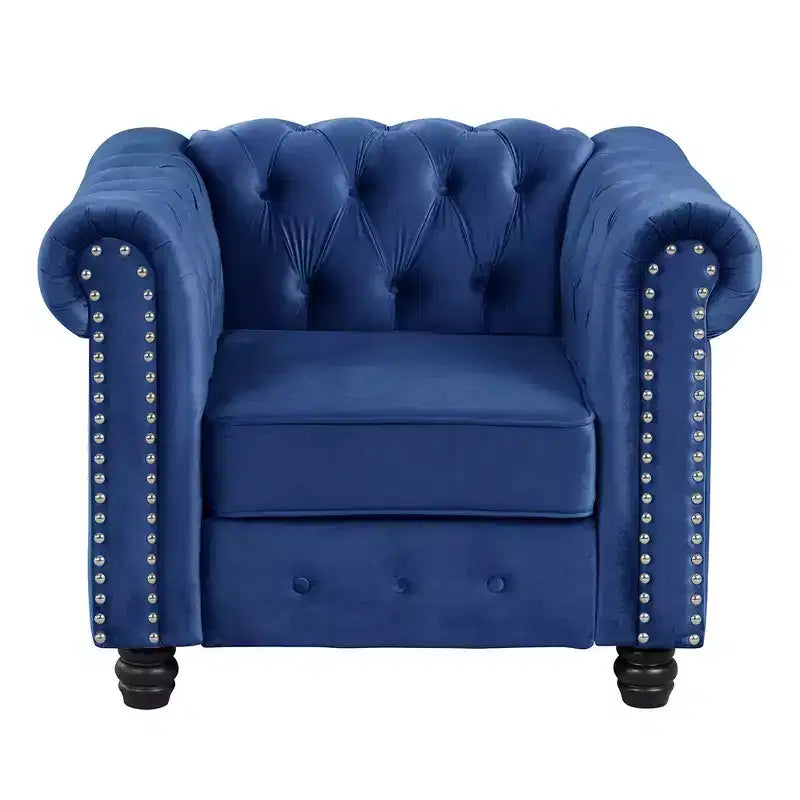 Poltrona Chesterfield in velluto con braccioli e cuscino profondo – Blu