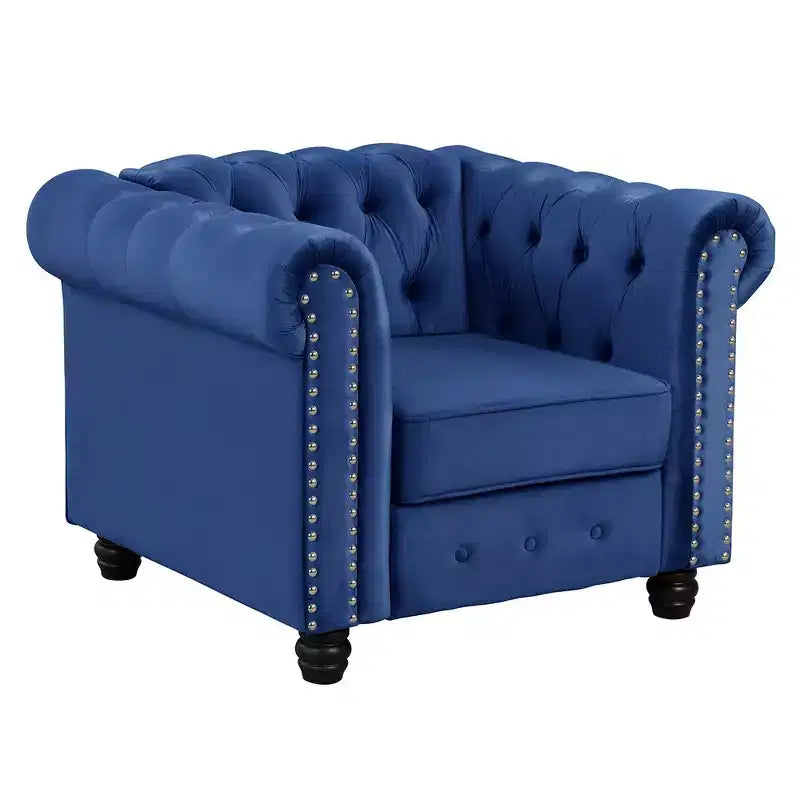 Poltrona Chesterfield in velluto con braccioli e cuscino profondo – Blu